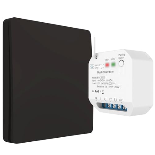 kinetic-switch Funkschalter Set mit batterielosem Funkschalter (IP67) und smartem Kompakt-Empfänger auch über tuya App sowie Amazon Alexa und Google Home steuerbar (schwarz) von kinetic-switch