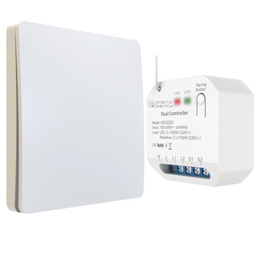 kinetic-switch Funkschalter Set mit batterielosem Funkschalter (IP67) und smartem Kompakt-Empfänger auch über tuya App sowie Amazon Alexa und Google Home steuerbar (weiß) von kinetic-switch