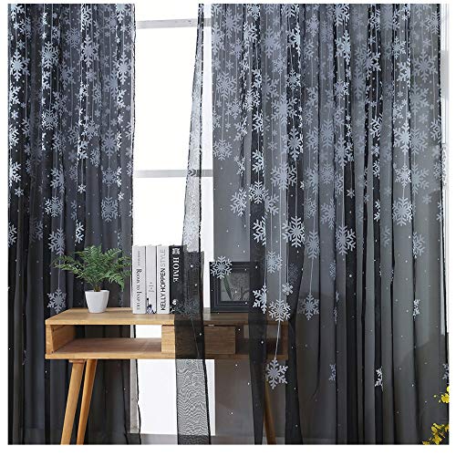 kingko 1 Pcs Weihnachten Schneeflocke Vorhang Tüll Fenster Behandlung Voile Drape Valance Vorhang Druck-Blumen-Voile-Tür-Vorhang Fenster Paravent Schal Vorhang 110 x 250 cm (Schwarz) von kingko