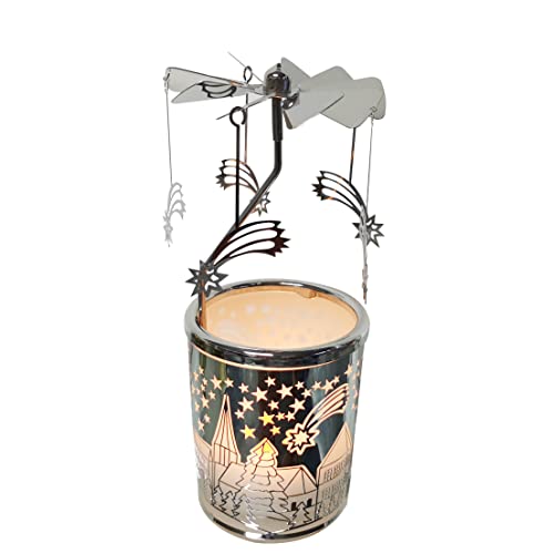 Kingnero Stern Windlicht Karussell, Glas teelichthalter karussell, Drehbar Kerzenatter windmühle Kerze Familie und Freunde (Silberne Sternschnuppe) von kingnero