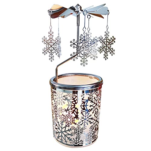 Kingnero Schneeflocke Windlicht Karussell, Glas teelichthalter karussell ，Drehbar Kerzenhalter windmühle Kerze für Weihnachten Geschenke für Kinder (Silber) von kingnero