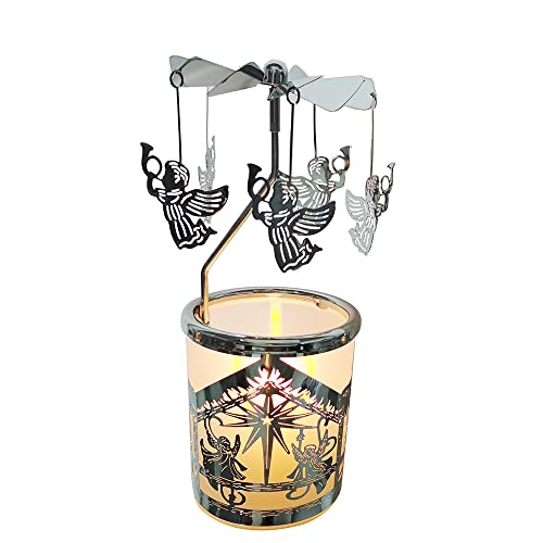 Kingnero Engel Windlicht Karussell, Glas teelichthalter karussell, Drehbar Kerzenhalter windmühle Kerze für Weihnachten Geschenken (silbernes) von kingnero