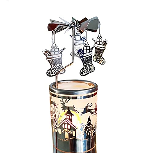 Windlicht aus Glas Karussell Kerzenhalter, Windmühle drehbar Teelichthalter Kerzenständer Für Weihnachts Geschenke für die Ferien (Silberne Weihnachtsstrümpfe) von kingnero