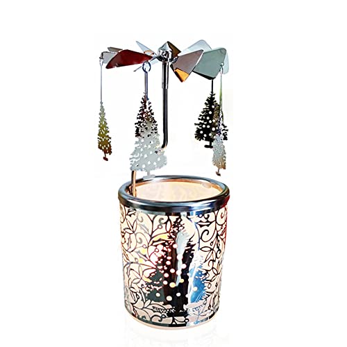 Kingnero Silver Windlicht Karussell, Glas teelichthalter karussell für Weihnachten Geschenk,Familie und Freunde (silberner Weihnachtsbaum) von kingnero