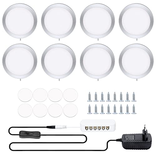 kioooki Warmweiß Led Unterbauleuchte Küche, Rund Schrankbeleuchtung mit Kabel, LED Vitrinenbeleuchtung Küchenlampen für Kabinett Schränke Weinschrank Kleiderschrank von kioooki