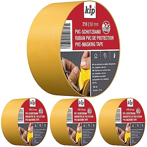 kip Tape 218-16 Schutzband – Quergerilltes Abklebeband aus PVC zum Schutz glatter Untergründe – Selbstklebendes Klebeband zum Streichen & Lackieren – 50mm x 33m (Packung mit 4) von kip