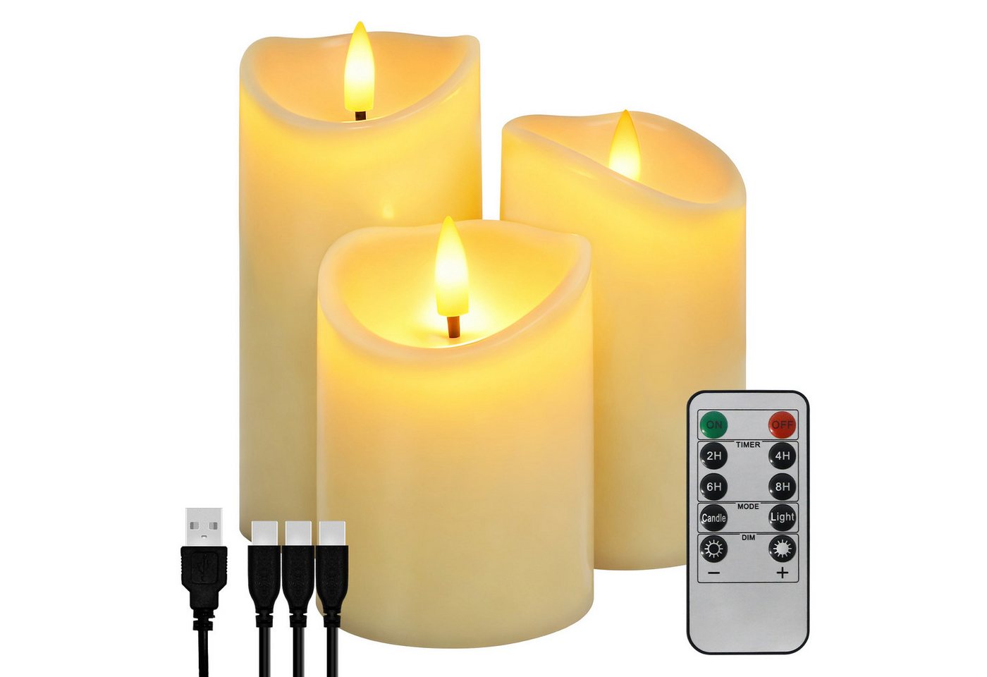 kisidus LED-Kerze Flammenlose Flackernde LED Kerzen mit timerfunktion und Fernbedienung (Elektrische Wiederaufladbare Kerzen mit USB-Kabel, 3-tlg., 7.5x10cm/12.5cm/15cm), für Hochzeit Weihnachten Halloween Party Dekoration von kisidus
