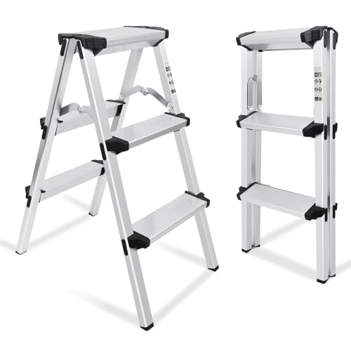 kisidus Trittleiter 2 x 3 Stufen, Alu Klapptritt, Stehleiter beidseitig begehbar, Haushaltsleiter bis 150 kg belastbar, Stufenleiter, Mehrzweckleiter, Silber von kisidus