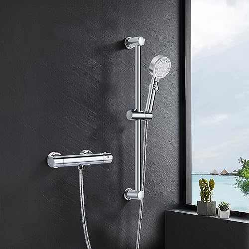 kisimixer Duscharmatur mit Thermostat Set, Aufputz Thermostat-Brausebatterie Dusche mit 635mm Edelstahl Duschstange | 5 Strahlarten Handbrause Höhenverstellbar | 1,5m Schlauch, Duschthermostat Chrom von kisimixer