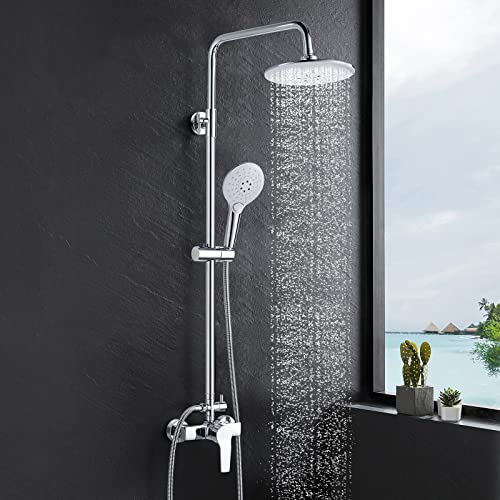 kisimixer Duschsystem mit Einhebelmischer - Regendusche Duschset mit 2 Strahlarten(8 Zoll), Duschkopf, 150cm Schlauch, Erstellbare Duschstange und Duscharmatur, Einhebel Mischbatterie Dusche set Chrom von kisimixer