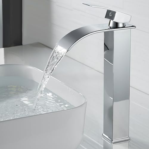 kisimixer Modern Wasserfall Wasserhahn Bad Hoch, Waschtischarmatur Hoch Wasserfall Aufsatzwaschbecken Armatur Badezimmer, Mischbatterie Waschbecken für Heißes und Kaltes Wasser, Messing Verchromt von kisimixer