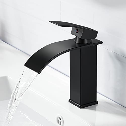 kisimixer Wasserhahn Bad Schwarz Wasserfall, Waschtischarmatur Bad Schwarz, Badarmatur Einhand Waschtischbatterie mit Auslauf Höhe 232mm, Mischbatterie Waschbecken Schwarz Matt von kisimixer