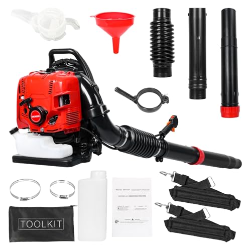 kiskick 75,6 cc Gas-Rucksack-Laubbläser, 4-Takt-Motor, Hochgeschwindigkeits-900 CFM, 210 MPH, ergonomisches Design, geringe Vibration, leiser Betrieb und Tempomat für Rasen, Hof, Pflege, Geschenke für von kiskick