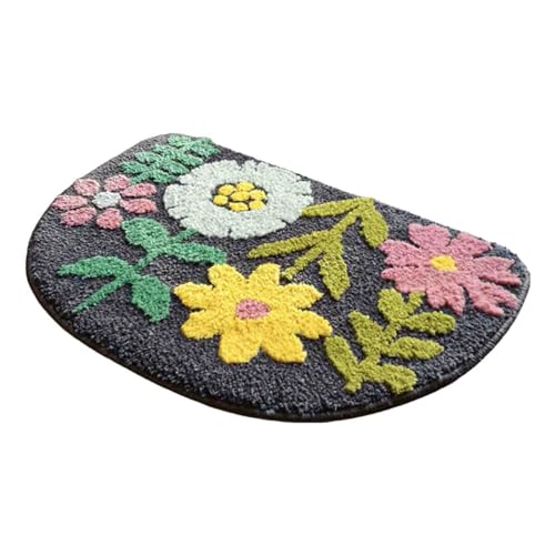 kiskick Rutschfester Halbrunder Teppich, hohe Badezimmer-Bodenmatte, Halbrunder Boho-Blumen-Cartoon-Panda-Muster, Dicke, waschbare Badezimmerteppiche für Dusche, Küche, Schlafzimmer Dunkelgrau 40x6 von kiskick