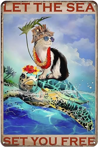 Lustiges Metallschild Schildkröte und Katze Hawaii Let The Sea Set You Free Love Beach Retro Blechschild Home Kitchen Bar Cafe Club Höhle Wanddekoration Schildkröten Blechschild 20,3 x 30,5 cm von kisoyo
