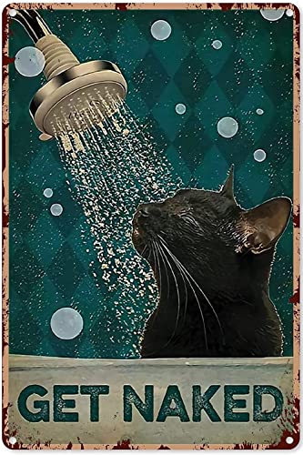 kisoyo Lustiges Badezimmer-Geschenk, schwarze Katze, Dusche, "Get Naked", Vintage-Poster, lustige Badezimmer-Dekoration, Wandkunst, Kaffee-Bar, Vintage, Büro, Zuhause, WC, Metallschilder, von kisoyo