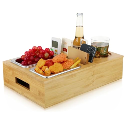 Kiss me Couch Bar Organizer - Couchbar Snackbox Couchbar Personalisierbar mit 2 Edelstahl Snackschalen Organizer und Flaschenhalter- Sofatablett (Bamboo) von kiss me