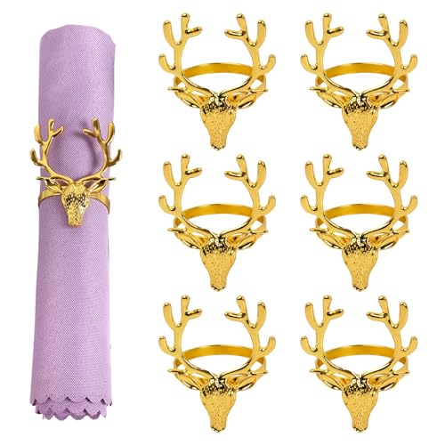 6 Stück Rentier Legierung Weihnachten Serviettenringe, Haushalt Serviettenhalter, Festliche Serviettenschnalle Set für Tischdeko Weihnachten, Urlaub Party Essential (Gold) von kissral