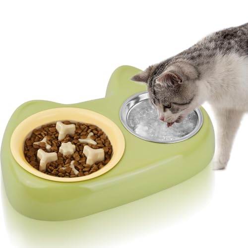 Katzennapf Katzennäpfe 2er Set, Futternapf Katze mit Slow Feeder und Edelstahl Napf, Anti Schling Napf Katze Erhöht mit Rutschfesten Füßen, Doppelter Fressnapf für Katzen und Kleine Hunde von kissral