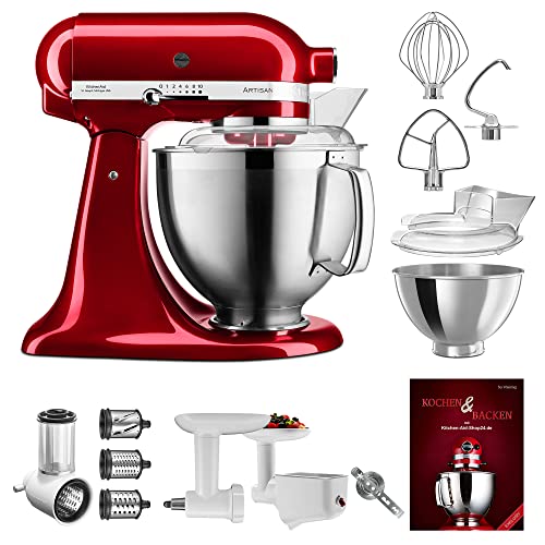 KitchenAid Küchenmaschine Artisan - P22 Multi Set Deluxe 185er (NK) - 5KSM185PSECA inkl. Gemüseschneider (5KSMVSA), Fleischwolf (5KSMFGA), Pürieraufsatz (5KSMFVSP) und Kochbuch (Kochen & Backen) von KitchenAid