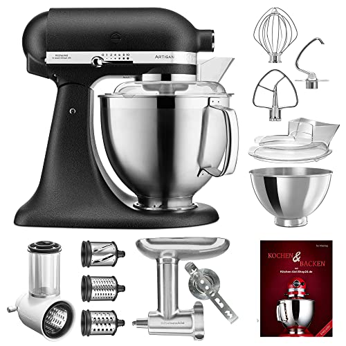 KitchenAid Küchenmaschine Artisan - P23 Vario Set Deluxe 185er (NM) - 5KSM185PSEBK inkl. Gemüseschneider (5KSMVSA), Fleischwolf Ganzmetall (5KSMMGA) und Kochbuch (Kochen & Backen) von KitchenAid