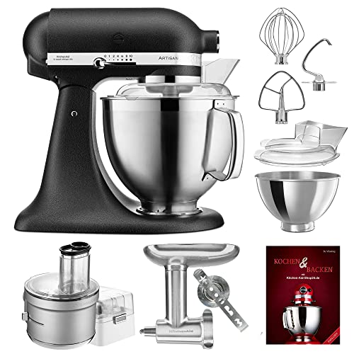 KitchenAid Küchenmaschine Artisan - P24 Food Processor Set Spezial 185er (M) - 5KSM185PSEBK inkl. Food Processor Vorsatz (5KSM2FPA), Fleischwolf Ganzmetall (5KSMMGA) und Kochbuch (Kochen & Backen) von KitchenAid