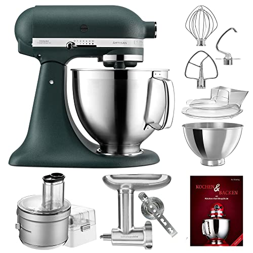 KitchenAid Küchenmaschine Artisan - P24 Food Processor Set Spezial 185er (M) - 5KSM185PSEPP inkl. Food Processor Vorsatz (5KSM2FPA), Fleischwolf Ganzmetall (5KSMMGA) und Kochbuch (Kochen & Backen) von KitchenAid