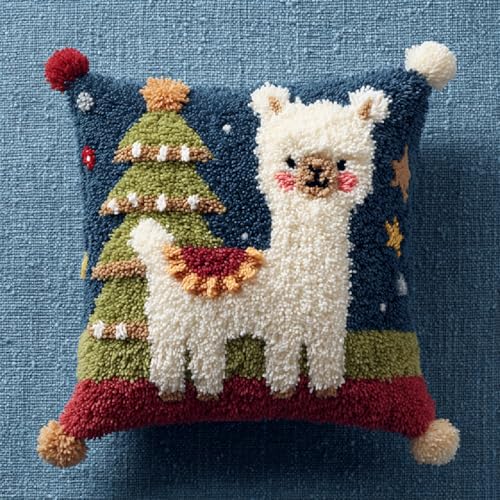 DIY Knüpfhaken Kissen Set für Anfänger Erwachsene,Knüpfteppich Bastelset 43x43cm,Einfaches Latch Hook Cushion Kit,Stilvolle Heimdekoration & Einzigartige Geschenkidee,Süßes Alpaka von kitphoenix