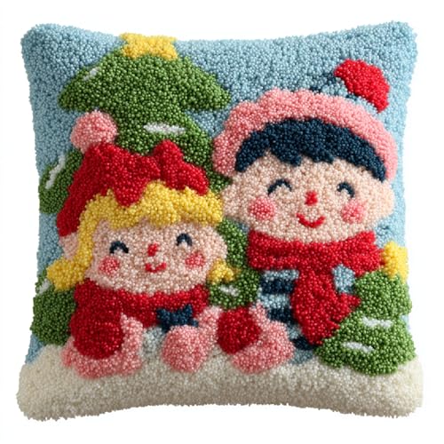 DIY Knüpfhaken Kissen Set für Anfänger Erwachsene,Knüpfteppich Bastelset 43x43cm,Einfaches Latch Hook Cushion Kit,Stilvolle Heimdekoration & Einzigartige Geschenkidee,Weihnachtskinder von kitphoenix