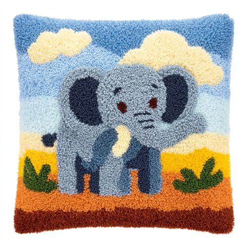 Knüpfkissen DIY Set für Anfänger Einfaches Latch Hook Kit mit Wolle,Bastelset für Erwachsene zum Entspannen,kissen-Teppich (43x43cm) für moderne Heimdekoration,Cartoon-Elefant von kitphoenix