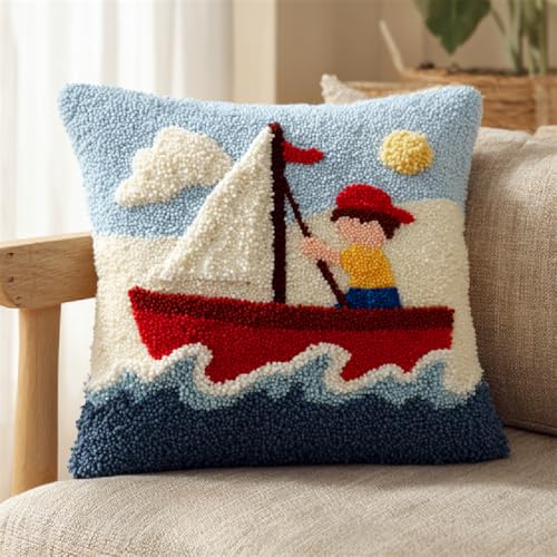 Latch Hook Kit DIY Knüpfkissen Set Zum Selbermachen mit Knüpfhaken,Bastelset für Kinder und Erwachsene,Entspannendes Handarbeit Kissen 43x43cm für Wohnkultur,Segelboote auf See von kitphoenix