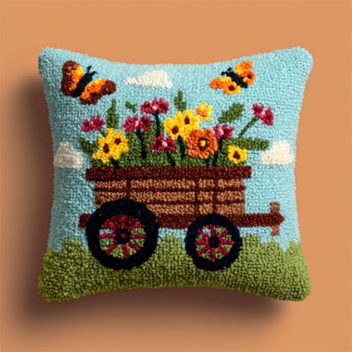 Latch Hook Kit DIY Knüpfkissen Set Zum Selbermachen mit Knüpfhaken,Bastelset für Kinder und Erwachsene,Entspannendes Handarbeit Kissen 43x43cm für Wohnkultur,Trolley Blumenstrauß von kitphoenix