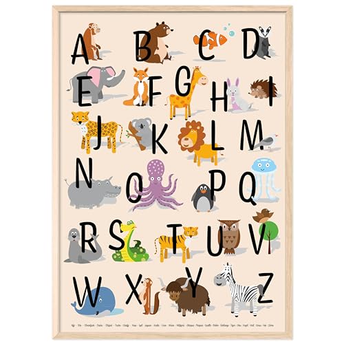 kizibi® ABC Poster DIN A2 mit Rahmen für Kinderzimmer, Alphabet Poster für Mädchen und Jungen, Buchstaben zum Lernen, Tier Lernposter mit Buchstaben auf deutsch | Vorschule oder Grundschule von kizibi