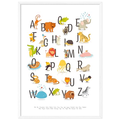 kizibi® ABC Poster DIN A2 mit Rahmen Weiß für Kinderzimmer, Alphabet Poster für Mädchen und Jungen, Buchstaben zum Lernen, Tier Lernposter mit Buchstaben auf deutsch | Vorschule oder Grundschule von kizibi