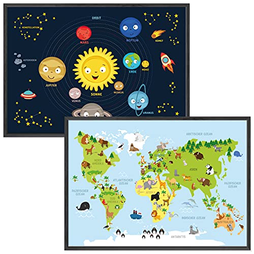 kizibi® Weltkarte und Planeten Poster Set A2 mit Rahmen Holz Schwarz für Kinderzimmer, Lernposter für Mädchen und Jungen, Orbit Kontinente | für Kindergarten, Vorschule oder Grundschule von kizibi
