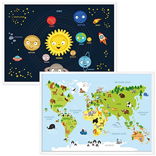 kizibi® Weltkarte und Planeten Poster Set A2 mit Rahmen Holz Weiß für Kinderzimmer, Lernposter für Mädchen und Jungen, Orbit Kontinente | für Kindergarten, Vorschule oder Grundschule von kizibi