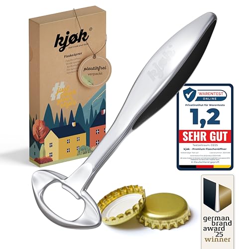 kjøk Premium Flaschenöffner edel - das perfekte Männer Geschenk in Zinklegierung mit Chrom matt Optik - Bierflaschenöffner für Bierflaschen, Colaflaschen, Limonade und andere Flaschen mit Kronkorken von kjøk