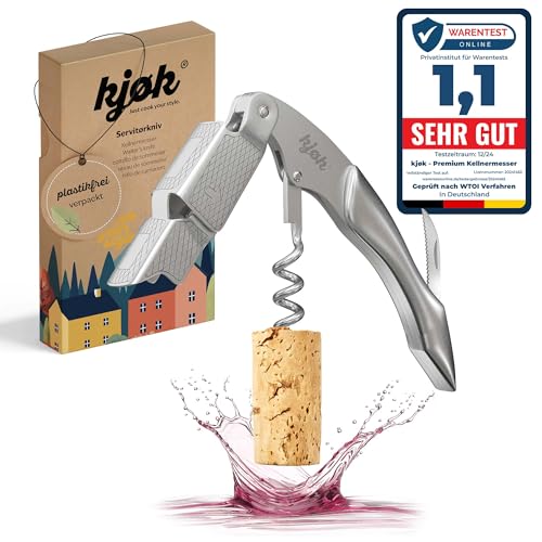 kjøk Premium Kellnermesser Edelstahl massiv und gebürstet mit Kapselschneider - Profi Sommeliermesser Weinöffner - edles Kellnerbesteck mit Korkenzieher, Flaschenöffner für Weinflaschen von kjøk