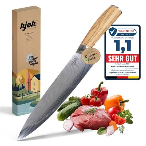kjøk Premium Kochmesser Härte 58±2 HRC Chefmesser Klingenlänge 20 cm ergonomischer Olivenholz Griff profi Küchenmesser hochwertiges Messer Carbon Edelstahl extra scharfe Messerklinge Chefs Knife von kjøk