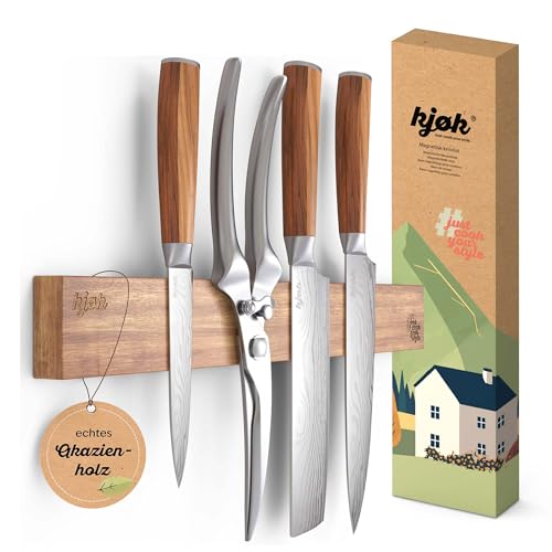 kjøk Premium Messer Halterung magnetisch echtes Akazienholz - Wandhalterung zum Kleben oder Bohren Holz Leiste mit Magnet für Küchenmesser - Magnetleiste Magnethalter zur Wandmontage inkl. Zubehör von kjøk
