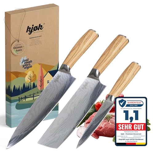 kjøk Premium Messerset Härte 58±2 HRC Asia Küchenmesser Set 3-tlg hochwertig mit Damastmesser-Muster und Olivenholzgriff professionelles Messer-Set profi Kochmesser Japan Design Messer Set von kjøk
