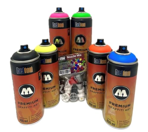 Molotow Premium Sprühdosen Neon Farben Inkl. Schwarz 6x400ml und Ersatzsprühköpfe von Klamottenstore