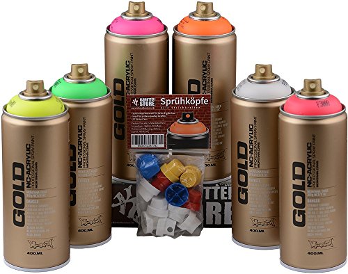 Sprühdosen Montana Gold fluoreszierende Neon Farben 6x400ml inkl. Sprühköpfe verschieden Strichbreiten von Klamottenstore