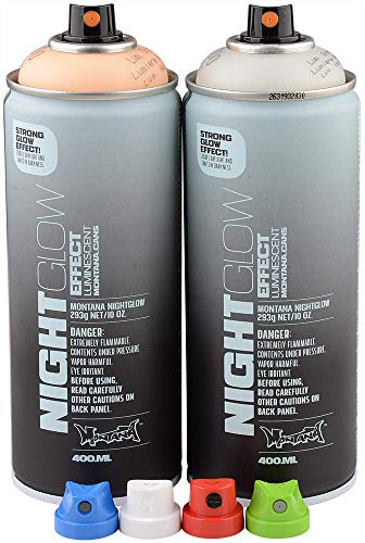 Sprühdosen Set Montana Nightglow grün & orange 2x400ml inkl. Ersatzsprühköpfe Effektlack mit hochwertigen Phosphorpigmenten Luminescent Spray Nachtleuchteffekt von KLAMOTTEN STORE