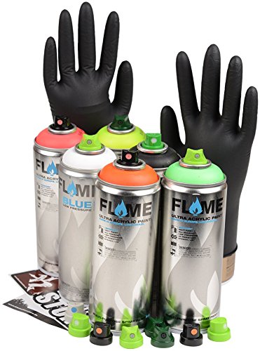 klamottenstore Sprühdosen Set Flame Neon-grün-orange-gelb-pink, Fluorescent Farb Spray + schwarz & weiß + Ersatzsprühköpfe, Carbon neutral, CO2 neutale Produktion von klamottenstore