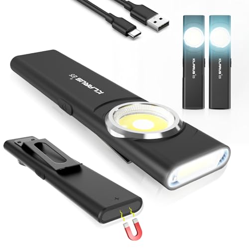klarus E5 USB C Wiederaufladbare Klein Taschenlampe,COB-Arbeitsleuchte, 600 Lumen, flache Mini Taschenlampe mit Magnetfuß und Schnallenclip. Geeignet für Wartung, Camping,Notfall usw (Black) 2 Packs von klarus