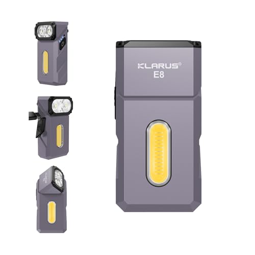 klarus E8 EDC Wiederaufladbare Taschenlampe, 1000 Lumen helles Dreifach-Lichtsystem, 180° schwenkbarer Kopf, kompaktes Ganzmetall-Design mit Magnet und Taschenclip, IPX6 wasserdichte Arbeitsleuchte von klarus
