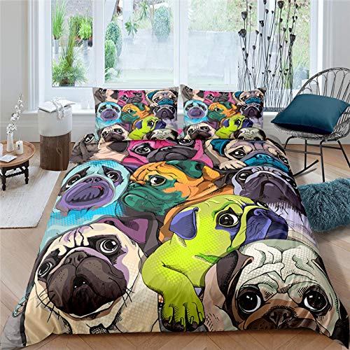 kldby Bettwäsche 200x200 3 Teilig Tiere Mops Weiche Atmungsaktive Microfaser Bettbezug Set mit Reißverschluss und 2 Kopfkissenbezug 80x80 cm von kldby