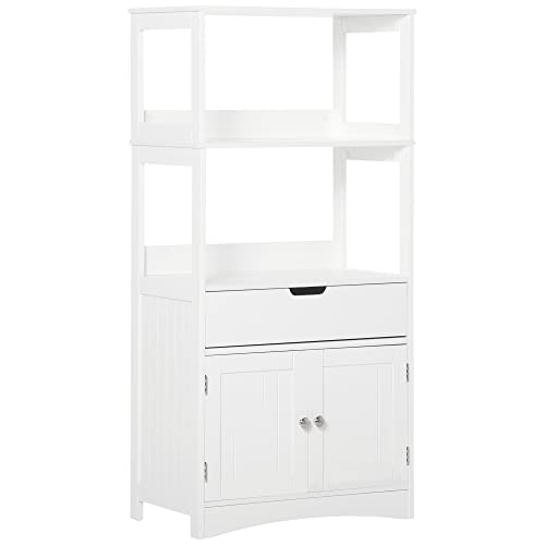 kleankin Badezimmer Midischrank Badezimmerschrank mit 2 offnenen Regalen Schublade Unterschrank Weiß 60 x 33 x 122,5 cm von kleankin