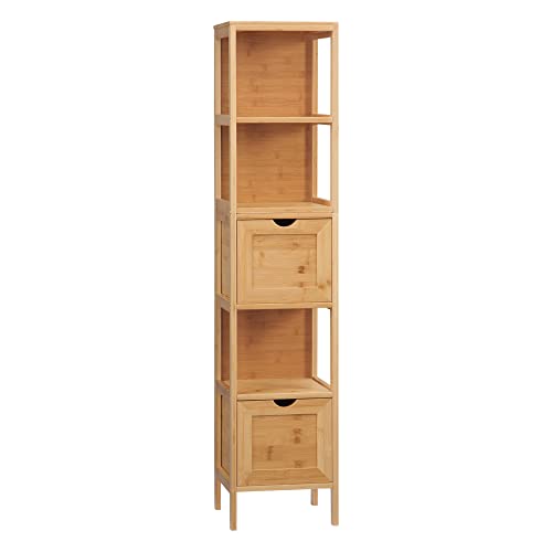 kleankin Badezimmerschrank Badschrank Aufbewahrungsschrank mit Kippschutz aus Bambus, Unterschrank mit 2 Schubladen, Lanfhausstil Beistellschrank, Naturholz, 30 x 30 x 140 cm von kleankin